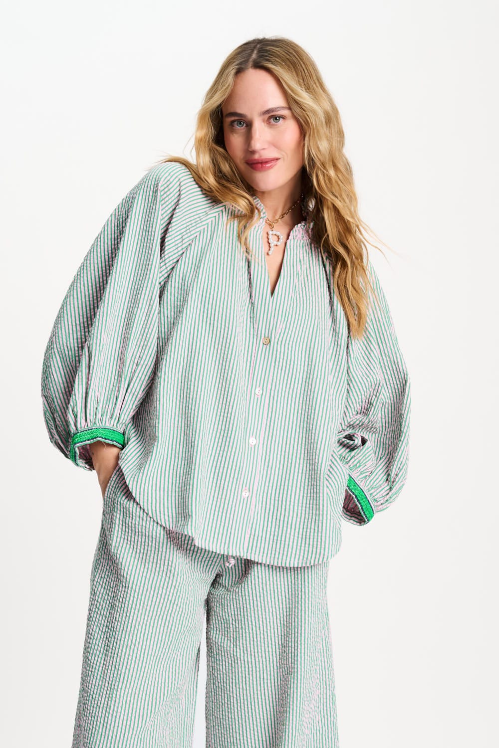 BLUSE - Seersucker Green Pink